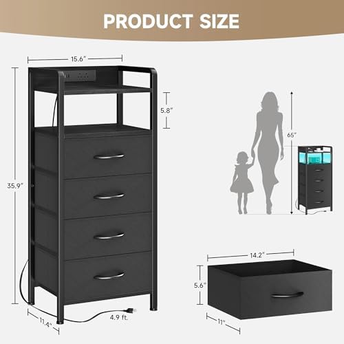 Lazzanto Nightstand with Rear Charging Station, LED Light, 4 Drawers, Black