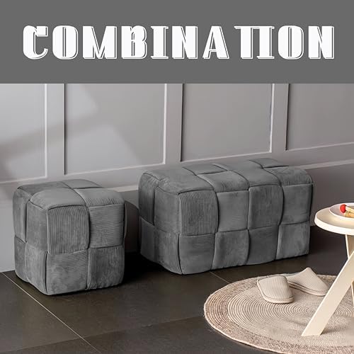 Cmishe 28" Rectangular Woven Corduroy Ottoman Footrest - Large Modern Entryway Bench & Bed End Stool, Sturdy Wood Frame, No Assembly (Grey-L)