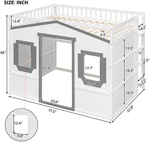Merax Full Size Loft Bed with Wardrobe, Space-Saving House Bed Frame with Safety Guard & Ladder for Small Bedroom, White+Gray