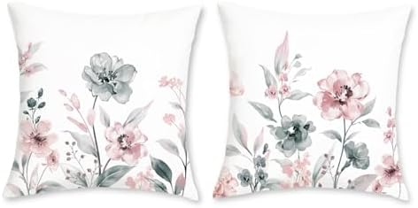 Bonhause Watercolor Floral Throw Pillow Covers 18 x 18 Inch Grey Pink