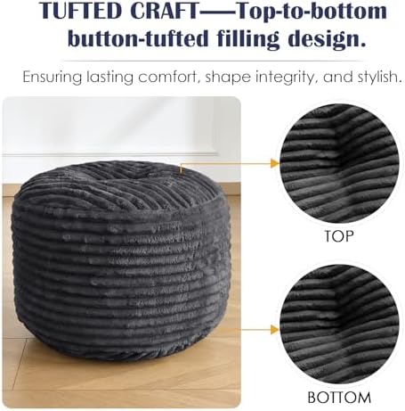 SHOUREN Stuffed Round Ottoman,Pouf Ottoman Foot Rest,18 X 14,Dark Grey