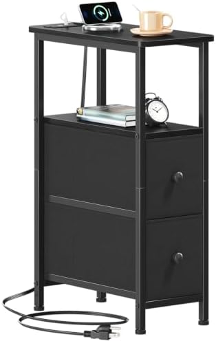 Somdot Narrow End Table with Charging Station, Side Table, 2 Drawers