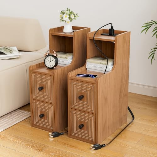 Set of 2 Narrow End Table with Charging Station