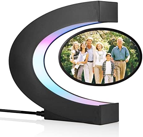 Magnetic Levitating Floating Photo Frame with Colourful LED Light Rotating Levitation Picture Frame Display for Room Decor, Creative Gifts (C-Shaped)