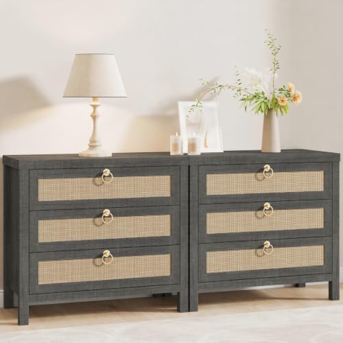Eclatara Large Rattan Night Stand Set of 2 Boho Nightstand with 3 Drawers