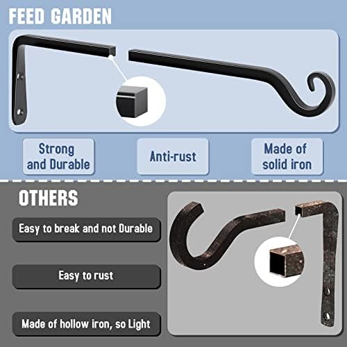FEED GARDEN Heavy Duty Plant Hooks - 2 Pack 15 Inch Wall Mounted Hanging Brackets, 57lb Capacity Steel Plant Hangers for Bird Feeders, Baskets, Wind Chimes Outdoor Indoor- Black