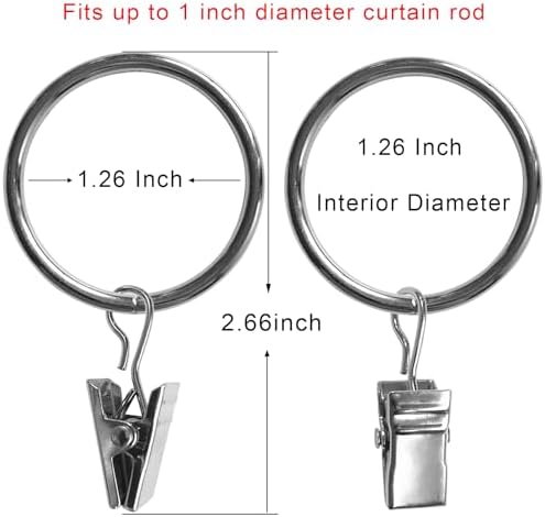 40 Pack Metal Curtain Rings with Clips, 1.26 in ID, Silver
