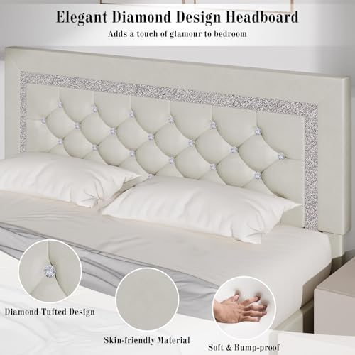 BarnFurin Queen Bed Frame with Diamond Tufted Headboard, Cream