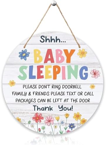 Shhh Baby Sleeping Hanging Sign, FLowers Wooden Round Door Hanger For Baby Room Front Door Nursery Kids Bedroom, Please Do Not Knock Or Ring Doorbell Sign For Outdoor Porch -01