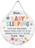 Shhh Baby Sleeping Hanging Sign, FLowers Wooden Round Door Hanger For Baby Room Front Door Nursery Kids Bedroom, Please Do Not Knock Or Ring Doorbell Sign For Outdoor Porch -01