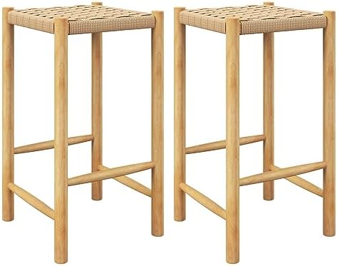 GIANTEX 26" Counter Height Wood Bar Stools Set of 2, Boho Rattan Barstools, Max Load 330 Lbs, Armless Saddle Kitchen Stools, Backless Wicker Bar Stools for Kitchen Counter Indoor Outdoor