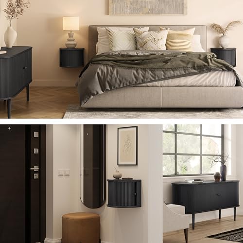 16'' Fully Assembled Floating Nightstand with Storage and Sliding Door - Floating Side Table for Bedroom and Living Room. Mid Century Modern Nightstand Wood, Bedside Shelf Wall Mount (Black Oak)