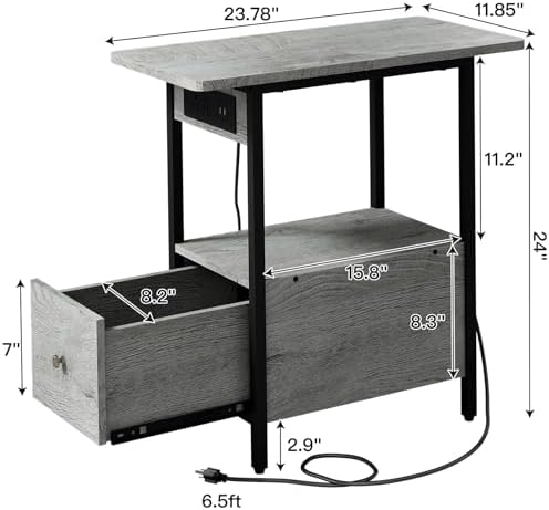 LIDYUK End Table with Charging Station, Narrow Side Table with Drawer
