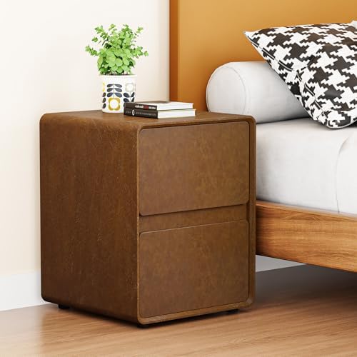 15.8" W Faux Leather Narrow Nightstand, Modern Fully-Assembled Bedside Table with 2 Drawers, Wood Night Stand Small Accent End Table & Side Table for Bedroom, Brown
