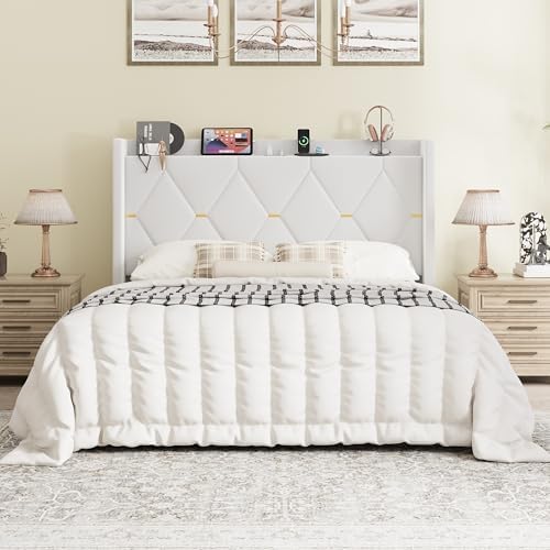 SHA CERLIN Queen Bed Frame with Storage Headboard & Charging Station
