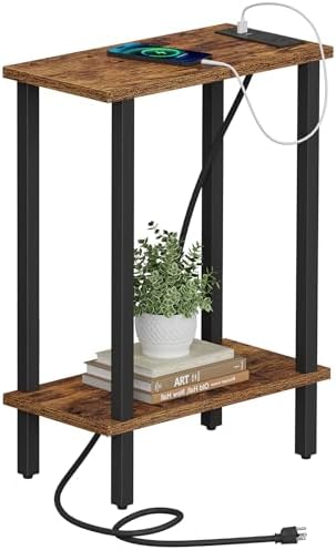 TUTOTAK Narrow Side Table, 2-Tier Small End Table with Charging Station