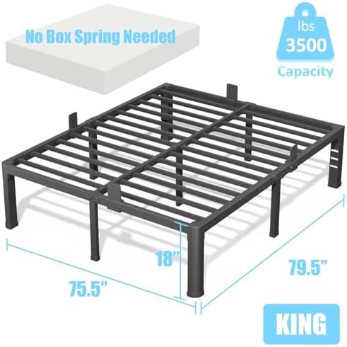 18 Inch King Bed Frame with Rounded Corner and Headboard Hole Mattress Retainers 3500 LBS Metal Heavy Duty Steel Slats Support No Box Spring Needed Platform Noise Free Easy Assembly
