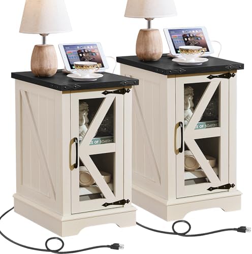 Joaxswe Narrow Night Stand Set 2 with Charger Station, Glass Barn Door