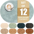 ADRIMER Oval Placemats Set of 12, Wipeable Faux Leather, Light Blue