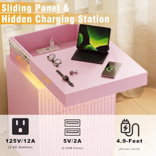 Nightstand Set of 2 with Charging Station and RGB Lights, Pink