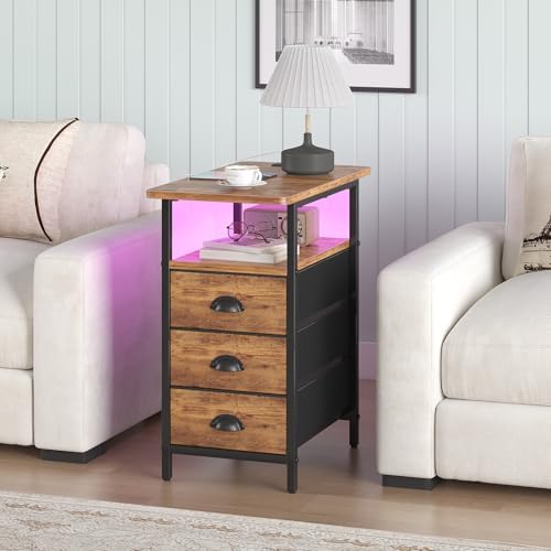 sthmec End Table with Charging Station,LED Side Tables with USB Ports and Outlets,Narrow Nightstands Bedside Tables with 3 Fabric Drawers for Small Space,Slim Sofa Table for Livingroom, Rustic Brown