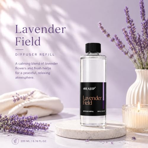 Airkeep Lavender Field Reed Diffuser Refill – 6.76 fl oz – Premium Scented Oil for Home Aromatherapy – Long-Lasting Fragrance for Reed Diffusers – Perfect for Bathroom, Bedroom & Home Decor