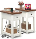 Farmhouse Narrow End Table Set of 2 with Charging Station, 13.8" Wide