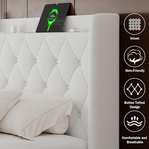 GalnFu Queen Size Bed Frame with Storage, Upholstered Queen Lift up Storage Bed Frame with Charging Station, Button Tufted Headboard, No Box Spring Needed, Easy Assembly, Noise Free, White