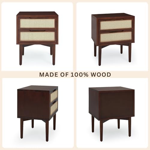 Bme Oliver Solid Wood Rattan Nightstand, Bohemian & Mid Century, Walnut