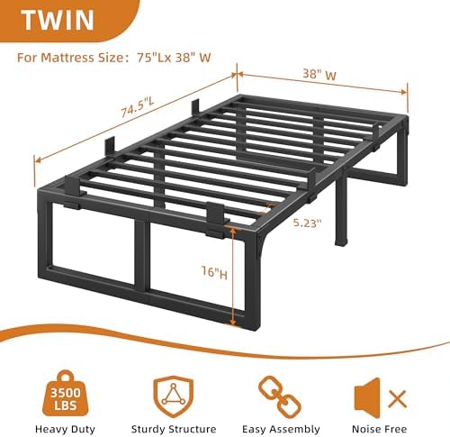 16 Inch Metal Twin Bed Frames with Stable Steel Support, Noise-Free