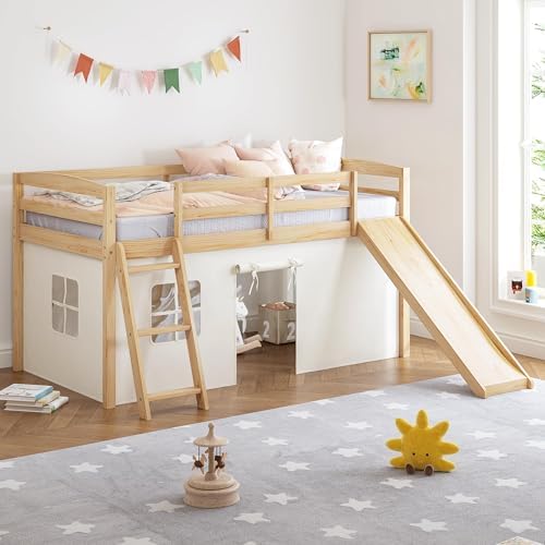 Spirich Solid Wood Kids Twin Loft Bed with Slide and Under-Bed Play Curtain