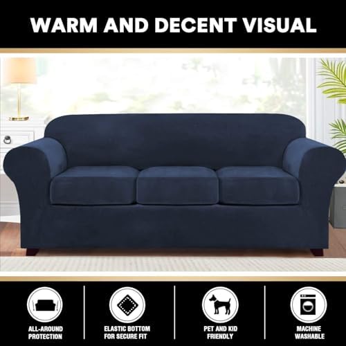 PrinceDeco Velvet Couch Covers for Sofa Soft 4 Pieces Couch Covers for 3 Cushion Couch Sofa Pet Friendly Furniture Protector with Non Slip Elastic Bottom Width Up to 97 Inch (Large Sofas, Navy)