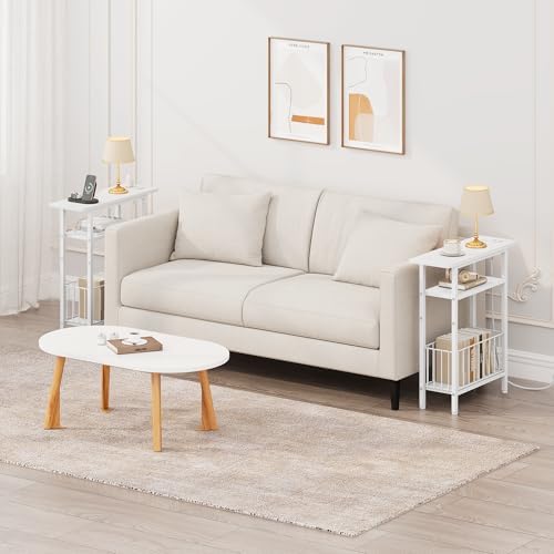 Vagusicc Narrow Side Table with Charging Station, Skinny Side End Table for Couch, 3-Tier Small End Tables for Small Spaces, 25.2" Tall Slim Nightstand Bedside Table for Living Room, Bedroom, White