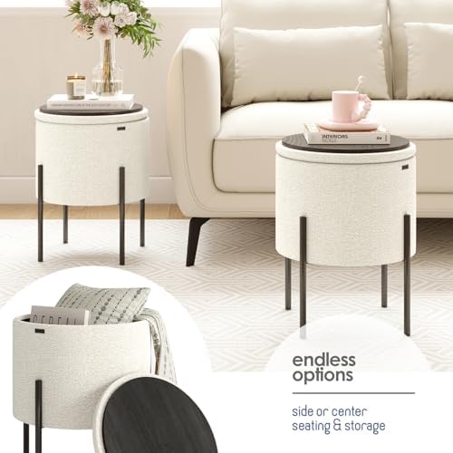 Round Ottoman with Storage, Boucle Storage Ottoman, Foot Stool Ottoman, Makeup Vanity Stool, Small Ottomans Foot Rest, Modern Ottomans for Living Room and Bedroom, Cream