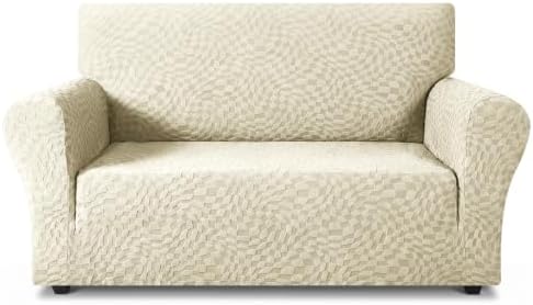 ZNSAYOTX 1 Piece Stretch Loveseat Covers for 2 Cushion Couch (55"-71"), New Plaid Couch Cover with Non-Slip Buckle for Dog Pets, Soft Cozy Washable Sofa Slipcover Form Fit Protector, Beige