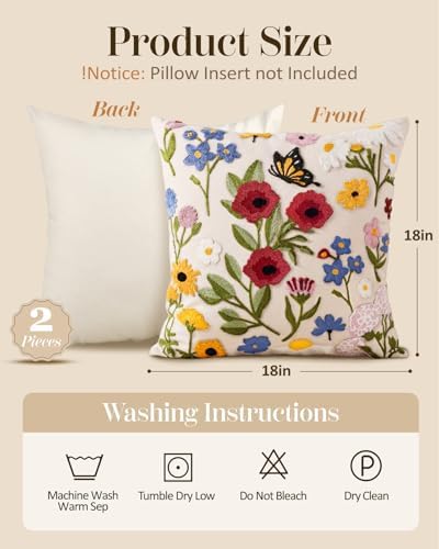 Embroidered Throw Pillow Covers 18x18 Inch, 2Pack, Retro Flower