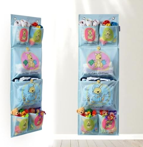 Cool-Stuff Kids Hanging Clothes Organizer – Over The Door Storage for Pajamas, Toys, Socks – Wall Mount Closet Organizer for Toddler, Preschool, Kindergarten – Water-Resistant, Blue, 44x14.5