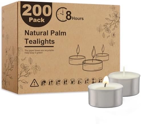 Ashlux 200-Pack Unscented Palm Wax Tea Lights Candles,8 Hours Burn