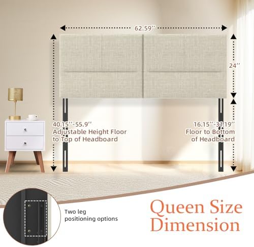 Upholstered Headboard Queen Size, Solid Wood Head Board with Sturdy Metal Legs, Linen Bed Headboard with Height Adjustable, Oatmeal