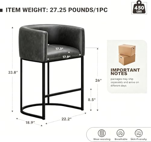 26" H Counter Height Bar Stools Set of 4, Modern Barrel Counter Stools with Backrest and Arms, Faux Leather Upholstered Accent Barstools for Kitchen Island,Support 450 LBS (Black)