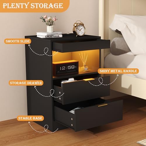 Yusong Night Stand with Gun Drawer & Invisible Lock, Bedside Table, LED Nightstand with Charging Station, Modern Night Stand, Wood Sofa Couch End Side Table with 2 Pull-Out Shelf (Black 002)