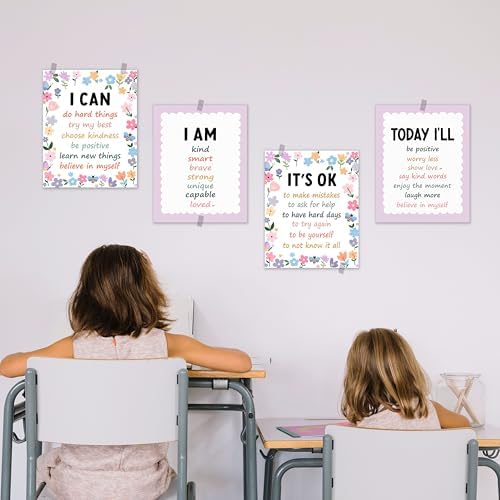 BESERH Boho Floral Positive Affirmation Wall Decor, Inspirational Motivational Quote Wall Art Prints Posters for Classroom Kids Room Nursery Playroom, 8x10 Inches Set of 4 Unframed