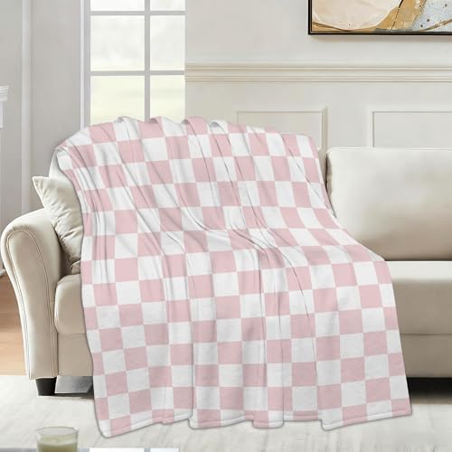 Throw Blanket for Couch,Pink White Checkered Plush Fall Throw,Princess Girls Soft Fluffy Blanket for Sofa Decoration,Flannel Fleece Blanket for Naps,Reading,Traveling,Camping,50 X 60 Inch