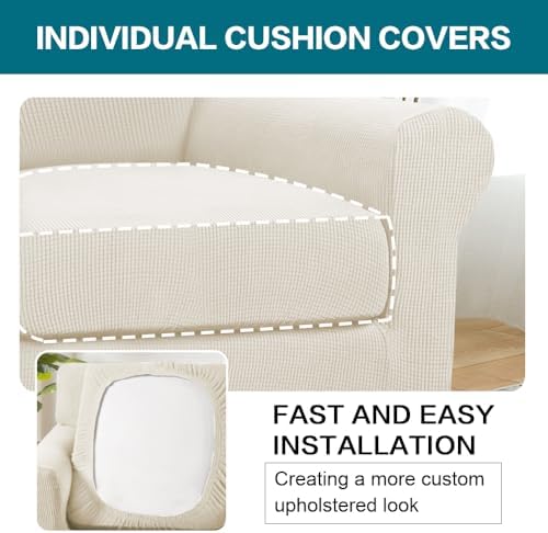 Turquoize 2 Piece Chair Covers Armchair Slipcovers for Living Room Armchair Sofa Cover with Individual Cushion Covers Feature Jacquard Fabric (Chair, Cream)