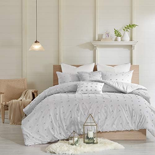 Intelligent Design Duvet Set 100% Cotton Jacquard, Tufts Accent, Shabby Chic All Season Cover for Comforter, Matching Shams, Decorative Pillows, King/California King (104 in x 92 in), Grey 7 Piece