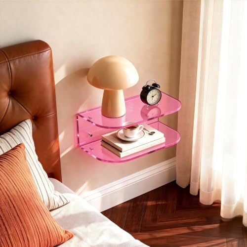 Acrylic Floating Nightstand, Wall Mounted Bedside Table (Pink, 15.7”×9.4“×5.9”)