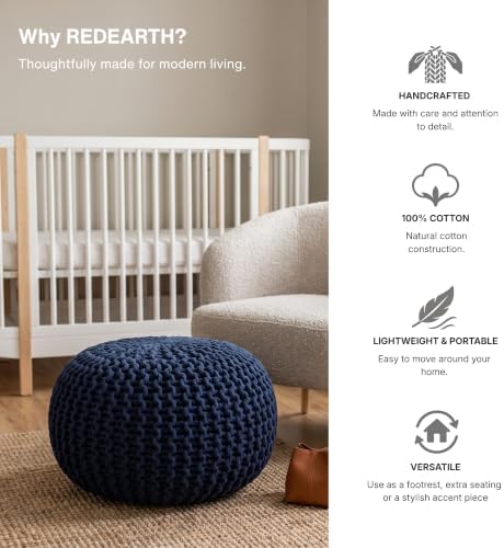 · REDEARTH · Round Ottoman - Hand Knitted Boho Poof Footrest - Navy Blue