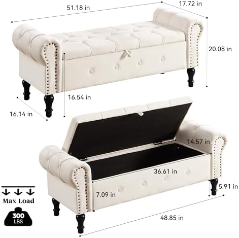 Storage Bench 51" Velvet End of Bed Benches Beige
