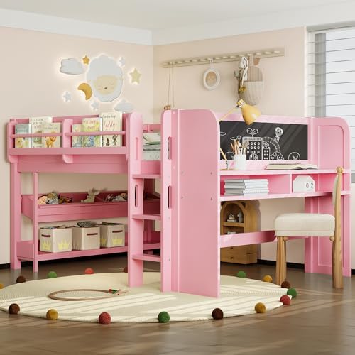 Bellemave Full Size Low loft Bed with Desk and bookcases, Boxes and Drawers for Kids,Wood Modern Farmhouse Kids Loft Bed with Shelf, Pink