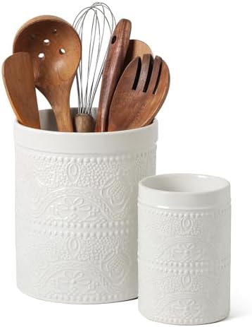 FUN ELEMENTS Kitchen Utensil Holder, 7.2+5.5" Super Large Utensil Crock Heavy and Stable Lace Emboss Ceramic Utensil Holder for Kitchen Counter(2Pcs Bright White)